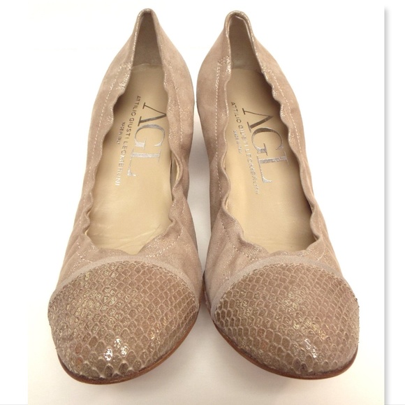 New AGL Taupe Shimmer Block Heel Pumps 38.5 - Picture 3 of 8
